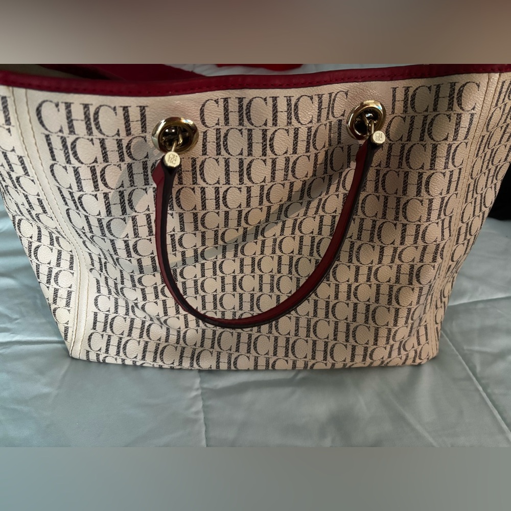 Carolina Herrera Logo Print Cream and Red Tote Bag